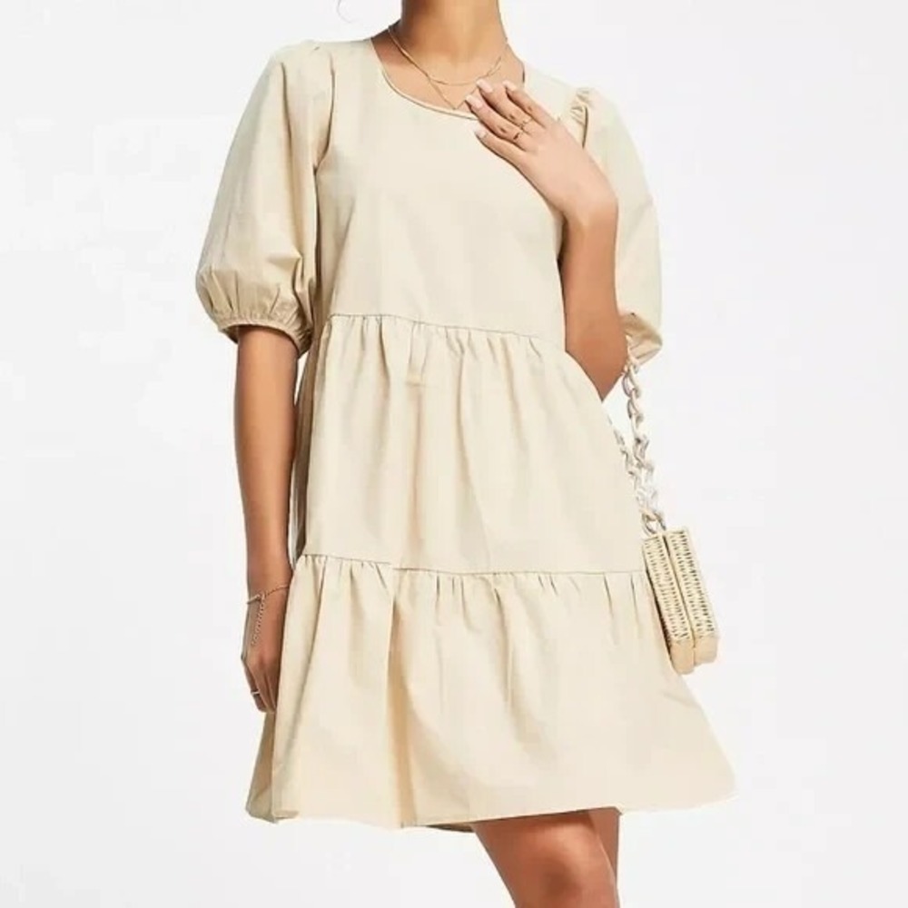New CHARLIE HOLIDAY Anthropologie 4 Tan Marny Mini Smock Dress Romantic Feminine